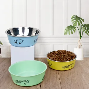 Stainless steel pet food bowl set with cute cat print, anti-slip design for cats and dogs.