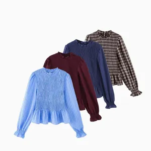 Damen Elegant Pullover Polyester Bluse Rüschenkragen Langarm Smok Top Casual Büro 名媛风 Solide Gestreift Kariert Blusen