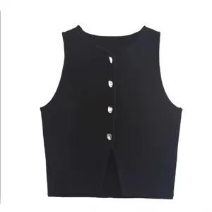 Effen kleur ronde hals casual gebreide mouwloze knop top voor vrouwen, stijlvol.