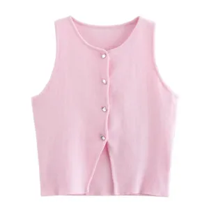 Roze gebreide mouwloze top met knopen ronde hals casual zomer dames vest mode kleding