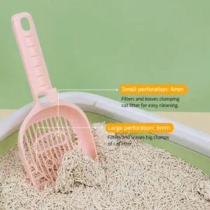 Pink plastic cat litter scoop with dual-size holes, durable pet poop cleaning tool for kitty.
