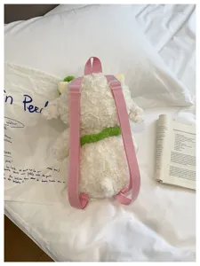Cute cartoon plush sheep backpack with pink straps, fluffy lamb doll bag for daily use.