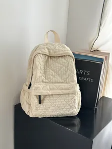 Quilted Beige Backpack Casual School Bookbag Lightweight Daypack for Women Daily Commute