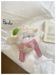 Cute cartoon sheep plush backpack for women, soft fluffy material with pink adjustable straps.