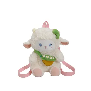Cute cartoon sheep plush backpack for women, fluffy lamb doll daypack with pink straps.