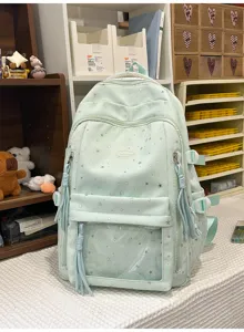 Japanischer mintgrüner Rucksack mit Sternen, transparenter Vordertasche und Quasten für Schüler.