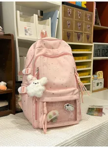 Rosa Stern Studenten Rucksack Detail mit transparenter Vordertasche Plüsch Anhänger Kapazität.
