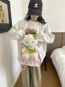 Cute cartoon plush sheep backpack for women, fluffy lamb school bag with pink straps.