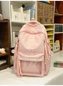 Rosa Rucksack mit Sternenmuster, transparente Fronttasche, große Kapazität für Studenten.