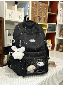 Japanischer Sternenmuster Rucksack mit transparenter Tasche und niedlichem Plüsch Anhänger