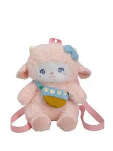 Cute cartoon sheep plush backpack for women and kids, soft pink cute doll school bag.