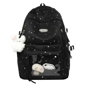 Japanischer Stil schwarzer Stern Print transparenter Fronttasche Schulrucksack Jugendliche