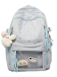 Hellblauer Studentenrucksack mit silbernen Sternen Klarsichttasche niedliche Plüschtiere