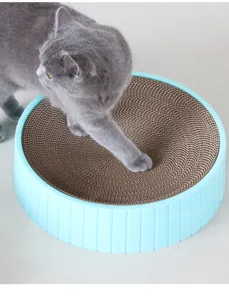 Round bowl cat scratcher bed with high-density corrugated paper for scratching and resting.