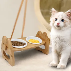 Ciotola in Legno per Animali Domestici Doppia Ceramica Rialzata Cani Gatti Mangiatoia Bevitore con Design di Protezione del Collo