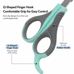 Ergonomic pet nail clipper with rubberized handle and Q-shaped hook for secure grip.