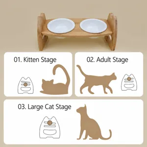 Supporto per ciotola per animali domestici in legno regolabile con due ciotole in ceramica.
