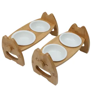 Doppia ciotola per gatti in legno con ciotole in ceramica, simpatico design con orecchie.
