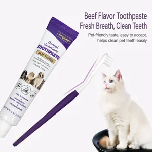 Pet toothpaste and toothbrush set for cats and dogs, beef flavor oral hygiene care.
