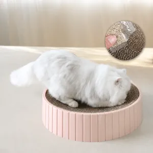 Round bowl cat scratcher bed with corrugated paper and catnip for pet scratching fun.