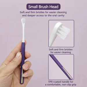 Ergonomic pet toothbrush with soft bristles and comfortable grip for easy oral cleaning.