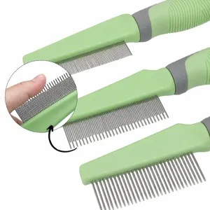 Professional pet grooming comb with stainless steel pins and ergonomic green handle for dogs.