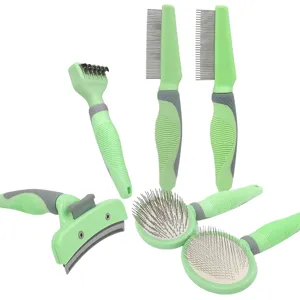 Pet grooming brush set 6-piece dog cat slicker dematting comb hair care tool green set