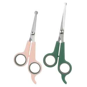 Pet grooming safety scissors set with round head and non-slip handles in pink and green.