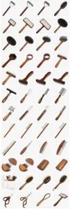 Pet grooming brush set, solid wood handle slicker comb and dematting tool details view.