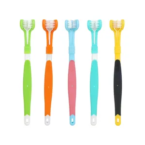 Multi-color three-sided pet toothbrush set for dogs and cats oral cleaning and dental care