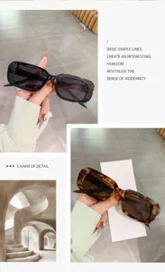 Detail shot of trendy small rectangular sunglasses showing texture, frame design and styling.