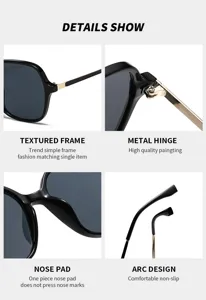 Lunettes de soleil carrées noires avec charnière en métal, plaquettes et branches.