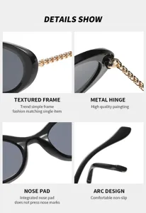 Klassische ovale Sonnenbrille Detailansicht mit strukturiertem Rahmen und Metallscharnier.