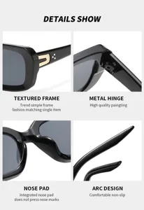 Detailed view of black small frame sunglasses featuring metal hinge, nose pad and arc design.