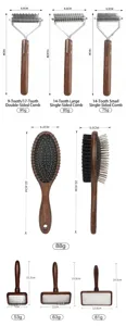 Pet grooming brush set with wooden handle and stainless steel pins for cats and dogs.