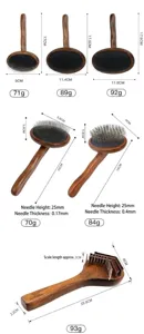 Solid wood pet grooming brush size and specification detail chart showing measurements and weight.