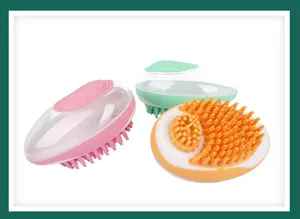 Silicone pet bath brush detail view, massage comb with liquid dispenser, soft bristles for dogs.