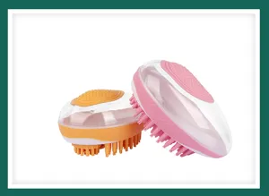 Close-up of silicone bath brush with liquid dispenser, soft bristles, dual color set details.