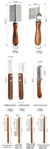 Detailed size chart showing dimensions and weights of various solid wood handle pet grooming combs.