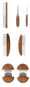 Wooden pet grooming comb set, professional dog and cat hair removal shedding tool with sizes.