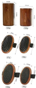 Wooden pet brush size chart showing dimensions and weight details for grooming and de-shedding.