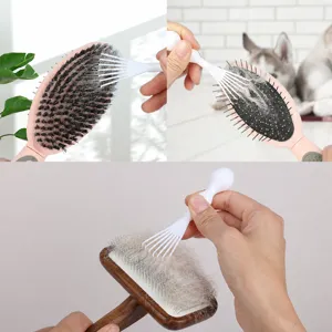 Pet comb cleaning tool set with multi-functional brush heads and hair removal claw.