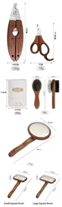 Wooden pet grooming comb and nail clipper set with detailed size and weight dimensions.
