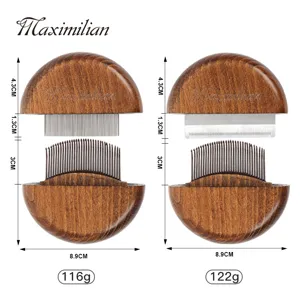 Wooden pet hair removal comb grooming tool with metal teeth and ergonomic round handle.