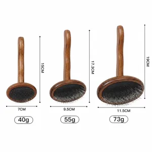 Wooden pet slicker brush set with size and weight dimensions for cats and dogs grooming.