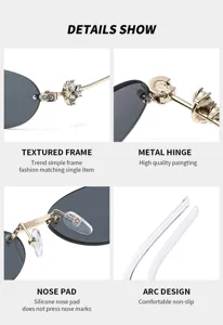 Vista detallada de gafas de sol con diseño de cristal, bisagra de metal y cómodas plaquetas.