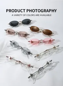 Gafas de sol ovaladas sin montura con marcos metálicos y elegantes decoraciones.