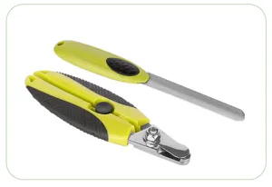 Pet nail clipper and file set for dogs and cats, featuring non-slip handles and sharp blades.