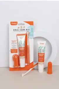 Pet oral care detail view showing toothpaste brush and finger brush set for cats and dogs teeth.