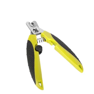 Pet nail clippers with ergonomic non-slip handles and stainless steel blades for safe grooming.